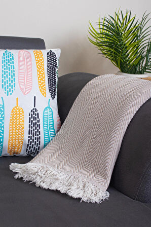 Pamuklu Zikzak Desenli Püsküllü Koltuk Örtüsü 170X210 cm | Dekoratif ve Çok Amaçlı