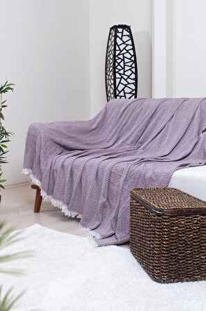 Pamuklu Zikzak Desenli Püsküllü Koltuk Örtüsü 170X210 cm | Dekoratif ve Çok Amaçlı