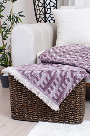 Pamuklu Zikzak Desenli Püsküllü Koltuk Örtüsü 170X210 cm | Dekoratif ve Çok Amaçlı