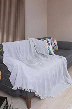 Pamuklu Zikzak Desenli Püsküllü Koltuk Örtüsü 170X210 cm | Dekoratif ve Çok Amaçlı