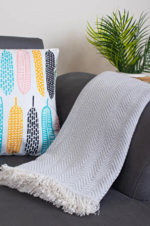 Pamuklu Zikzak Desenli Püsküllü Koltuk Örtüsü 170X210 cm | Dekoratif ve Çok Amaçlı