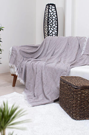 Pamuklu Zikzak Desenli Püsküllü Koltuk Örtüsü 170X210 cm | Dekoratif ve Çok Amaçlı