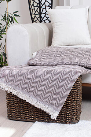 Pamuklu Zikzak Desenli Püsküllü Koltuk Örtüsü 170X210 cm | Dekoratif ve Çok Amaçlı