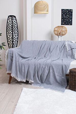 Pamuklu Zikzak Desenli Püsküllü Koltuk Örtüsü 170X210 cm | Dekoratif ve Çok Amaçlı