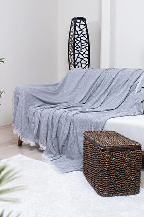 Pamuklu Zikzak Desenli Püsküllü Koltuk Örtüsü 170X210 cm | Dekoratif ve Çok Amaçlı