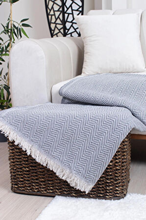 Pamuklu Zikzak Desenli Püsküllü Koltuk Örtüsü 170X210 cm | Dekoratif ve Çok Amaçlı