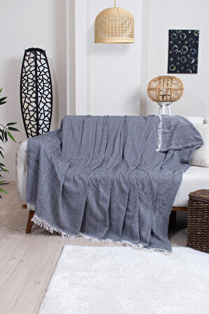 Pamuklu Zikzak Desenli Püsküllü Koltuk Örtüsü 170X210 cm | Dekoratif ve Çok Amaçlı