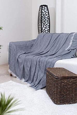 Pamuklu Zikzak Desenli Püsküllü Koltuk Örtüsü 170X210 cm | Dekoratif ve Çok Amaçlı