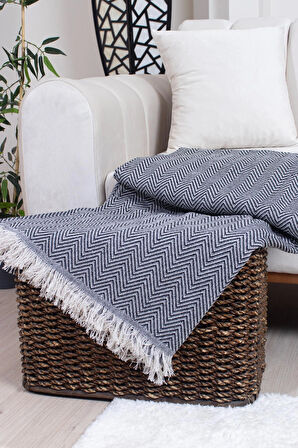 Pamuklu Zikzak Desenli Püsküllü Koltuk Örtüsü 170X210 cm | Dekoratif ve Çok Amaçlı