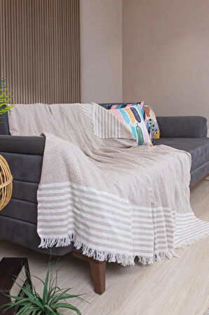 Pamuklu Püsküllü Elmas Desenli Koltuk Örtüsü 170X210 cm | Dekoratif Kanepe, Yatak ve Tv Örtüsü