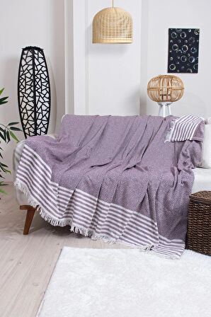 Pamuklu Püsküllü Elmas Desenli Koltuk Örtüsü 170X210 cm | Dekoratif Kanepe, Yatak ve Tv Örtüsü