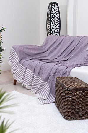 Pamuklu Püsküllü Elmas Desenli Koltuk Örtüsü 170X210 cm | Dekoratif Kanepe, Yatak ve Tv Örtüsü