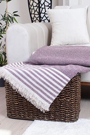 Pamuklu Püsküllü Elmas Desenli Koltuk Örtüsü 170X210 cm | Dekoratif Kanepe, Yatak ve Tv Örtüsü