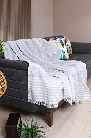 Pamuklu Püsküllü Elmas Desenli Koltuk Örtüsü 170X210 cm | Dekoratif Kanepe, Yatak ve Tv Örtüsü