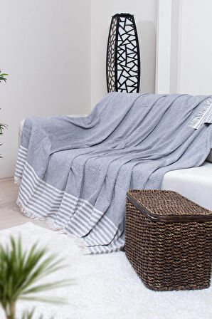 Pamuklu Püsküllü Elmas Desenli Koltuk Örtüsü 170X210 cm | Dekoratif Kanepe, Yatak ve Tv Örtüsü