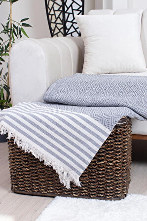 Pamuklu Püsküllü Elmas Desenli Koltuk Örtüsü 170X210 cm | Dekoratif Kanepe, Yatak ve Tv Örtüsü