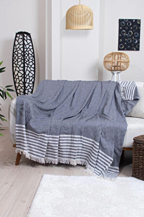 Pamuklu Püsküllü Elmas Desenli Koltuk Örtüsü 170X210 cm | Dekoratif Kanepe, Yatak ve Tv Örtüsü