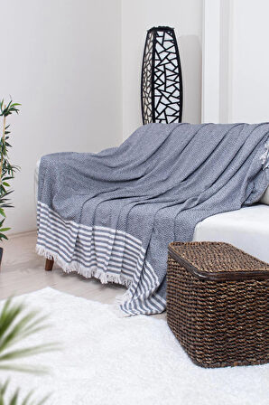 Pamuklu Püsküllü Elmas Desenli Koltuk Örtüsü 170X210 cm | Dekoratif Kanepe, Yatak ve Tv Örtüsü