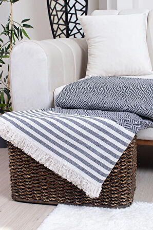 Pamuklu Püsküllü Elmas Desenli Koltuk Örtüsü 170X210 cm | Dekoratif Kanepe, Yatak ve Tv Örtüsü