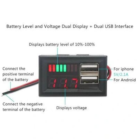 12V Akü Kapasite Göstergesi - 5V 2A USB Çıkışlı