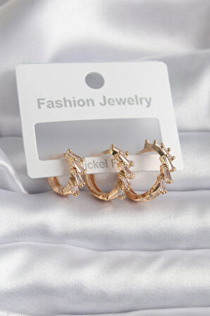 Pirinç Gold Renk Zirkon Taşlı Halka Model Kadın Küpe