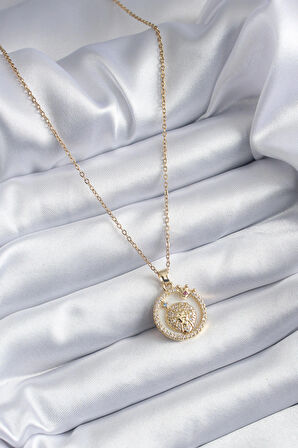 316L Çelik Gold Renk Zirkon Taşlı Aslan Burç Model Kadın Kolye