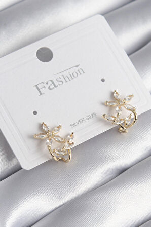 Pirinç Gold Renk Zirkon Taşlı Çiçek Model Kadın Küpe