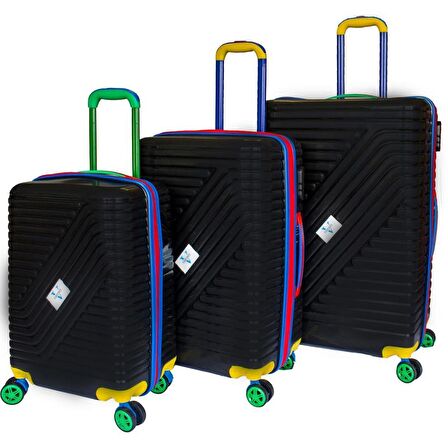 Vayomy Colors PP Line Kabin Orta Büyük Boy Siyah 3'lü Valiz Seti 2 Yıl Garantili