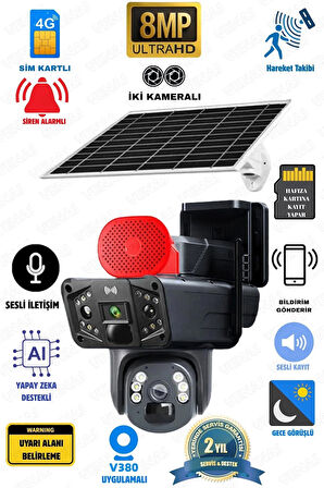 6MP Full HD Çift Kameralı Solar Enerjili SIM Kartlı Kablosuz IP Wi-Fi Dış Mekân Güvenlik Kamerası