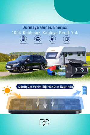 1080P FULL HD KENDİLİĞİNDEN BATARYALI GÜNEŞ PANELLİ MIKNATISLI WİFİ ARAÇ KAMERASI.