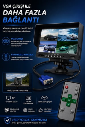 10'' İNÇ VGA Çıkışlı Kumandalı Tır Kamyon Otobüse Uygun Monitör