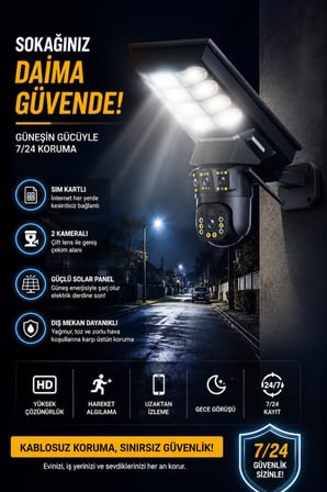 4G Sim kartlı 20 Watt Solar panelli Sokak aydınlatmalı Çift Kameralı Çakarlı Güvenlik Kamerası