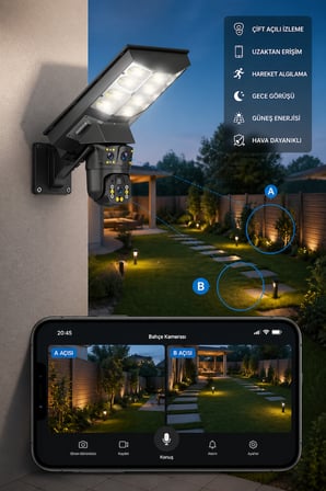 4G Sim kartlı 20 Watt Solar panelli Sokak aydınlatmalı Çift Kameralı Çakarlı Güvenlik Kamerası
