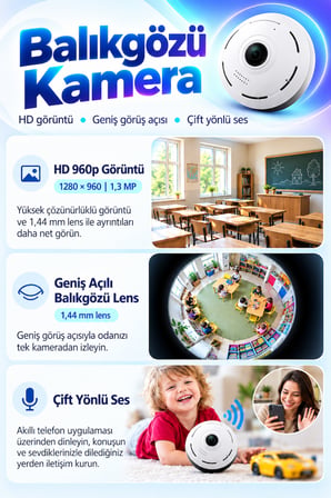 WİFİ Balık Gözü Lensli Panoramik Gece Görüşlü Sesli Konuşma Özellikli Sesli Alarmlı Güvenlik Kamerası Bebek Evcil Hayvan Kamerası