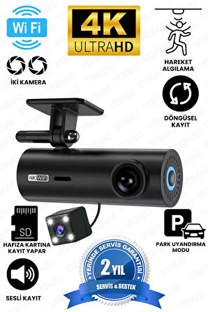Geniş Açı 4K Ön 1080p Full HD Arka 2 Kameralı Wifi Hafıza Kartına Kayıtlı Araç Kamerası