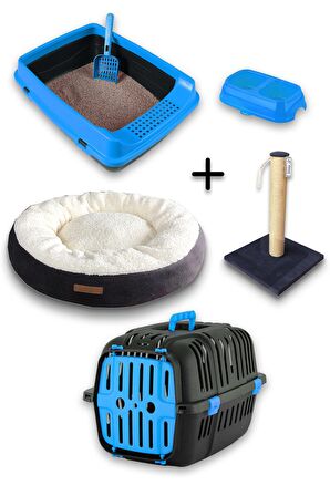 Açık Kedi Tuvalet + Taşıma sepeti + Tırmalama + Simit yatak + Büyük mama kabı hediyeli kedi seti-AT8