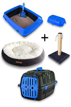 Açık Kedi Tuvalet + Taşıma sepeti + Tırmalama + Simit yatak + Büyük mama kabı hediyeli kedi seti-AT8
