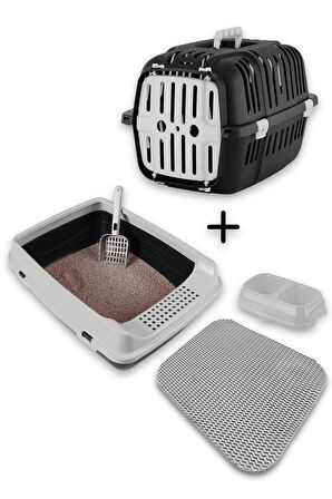 Açık Kedi Tuvaleti+Taşıma Sepeti+ Paspas + Kürek + Mama Kabı Kedi Seti-PAT1