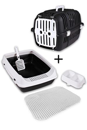 Açık Kedi Tuvaleti+Taşıma Sepeti+ Paspas + Kürek + Mama Kabı Kedi Seti-PAT1