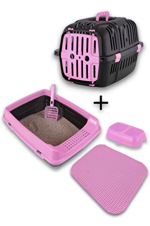 Açık Kedi Tuvaleti+Taşıma Sepeti+ Paspas + Kürek + Mama Kabı Kedi Seti-PAT1