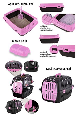 Açık Kedi Tuvaleti+Taşıma Sepeti+ Paspas + Kürek + Mama Kabı Kedi Seti-PAT1