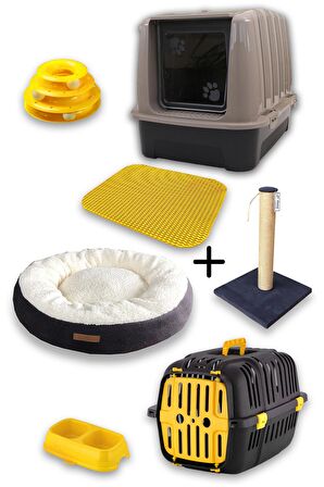 Lüks Kapalı Kedi Tuvaleti+Taşıma Sepeti+Yatak+Tırmalama+Paspas+3 Katlı Oyuncak+2li Büyük Mama Kabı K