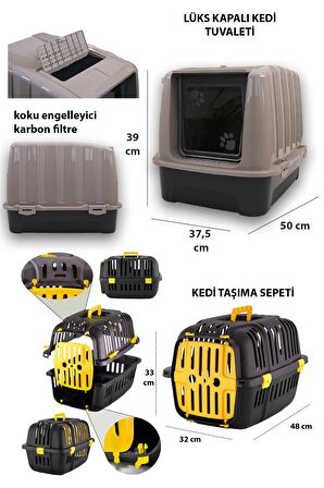 Lüks Kapalı Kedi Tuvaleti+Taşıma Sepeti+Yatak+Tırmalama+Paspas+3 Katlı Oyuncak+2li Büyük Mama Kabı K