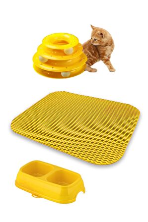 Lüks Kapalı Kedi Tuvaleti+Taşıma Sepeti+Yatak+Tırmalama+Paspas+3 Katlı Oyuncak+2li Büyük Mama Kabı K