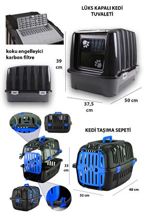 Lüks Kapalı Kedi Tuvaleti+Taşıma Sepeti+Yatak+Tırmalama+Paspas+3 Katlı Oyuncak+2li Büyük Mama Kabı K
