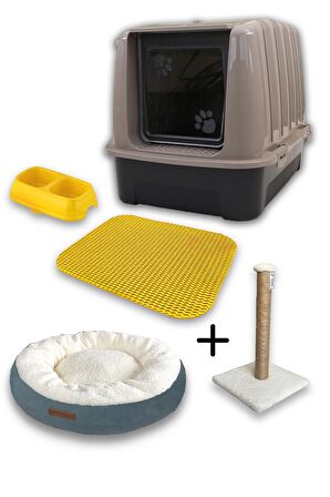 Lüks Kapalı Kedi Tuvaleti + Yatak + Tırmalama + Paspas+ Mama kabı Kedi Seti - LKT1