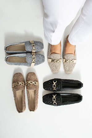 Zincir Detaylı Nefes Alabilen Esnek Yazlık Örgü Model Hasır Günlük Kadın Babet Ayakkabı