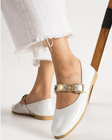 Kadın Mary Jane Babet Ayakkabı İnci ve Gold Düğme Tokalı Rahat Günlük Model