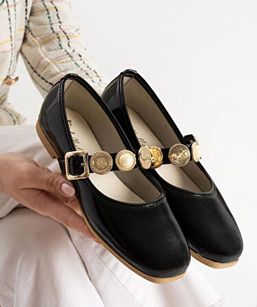 Kadın Mary Jane Babet Ayakkabı İnci ve Gold Düğme Tokalı Rahat Günlük Model