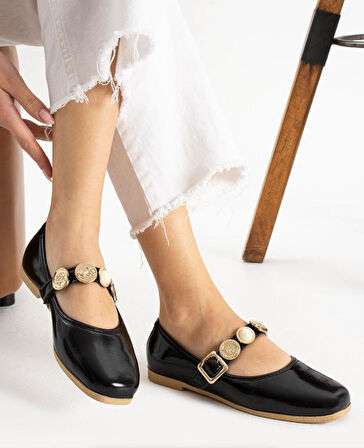 Kadın Mary Jane Babet Ayakkabı İnci ve Gold Düğme Tokalı Rahat Günlük Model